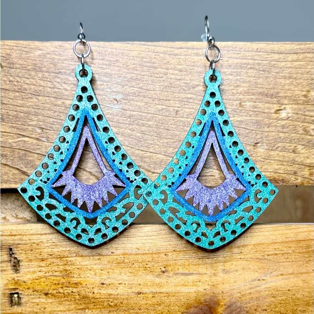 2 for $15! Handmade painted wooden dangle earrings.